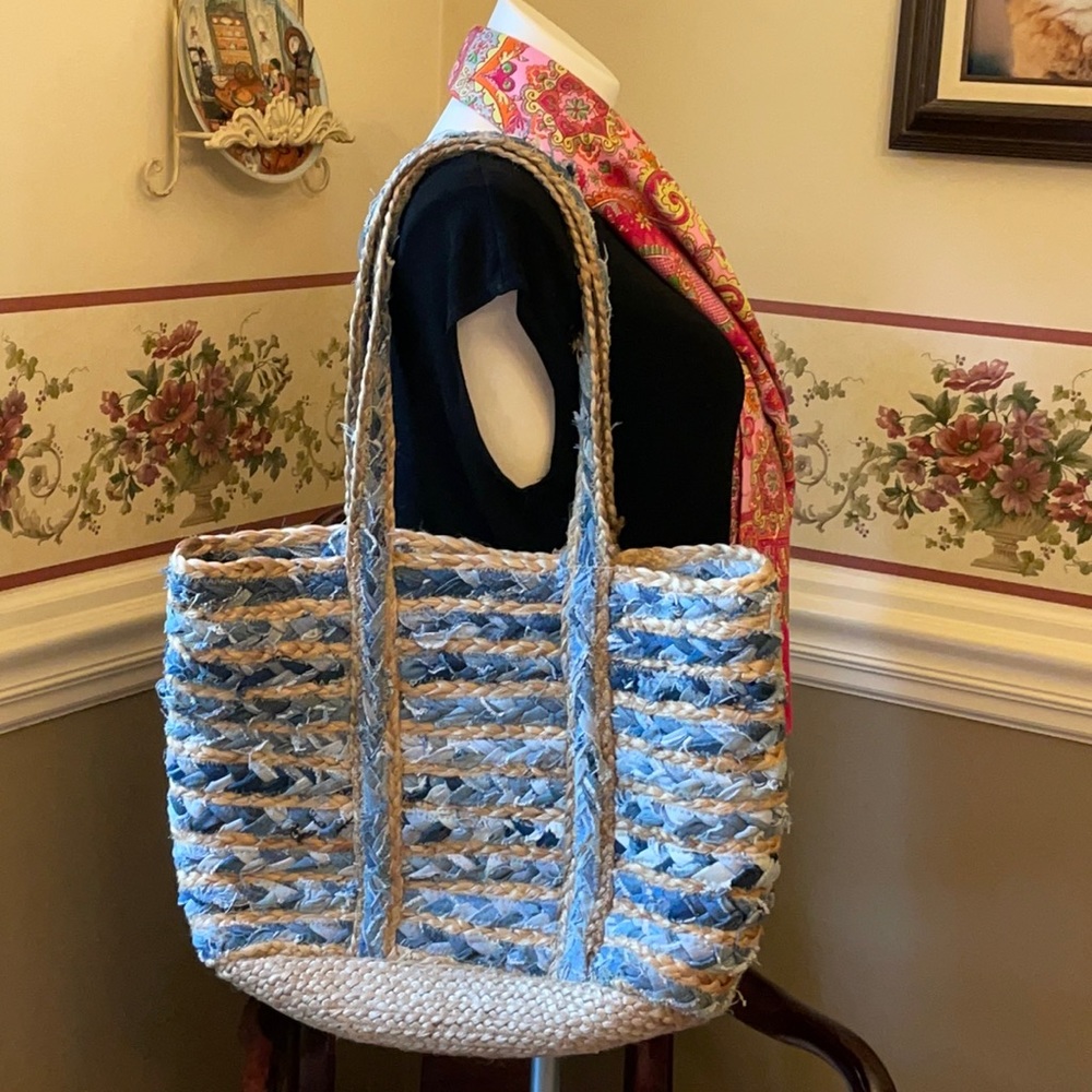 America & Beyond Blue Heaven denim, jute tote bag